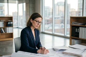 Experte immobilière analysant des plans et documents de propriété dans un bureau professionnel moderne pour préparer une expertise immobilière
