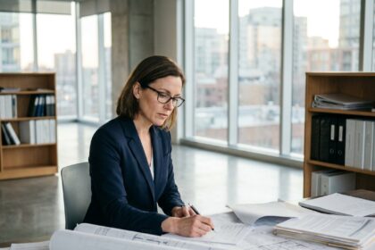 Experte immobilière analysant des plans et documents de propriété dans un bureau professionnel moderne pour préparer une expertise immobilière