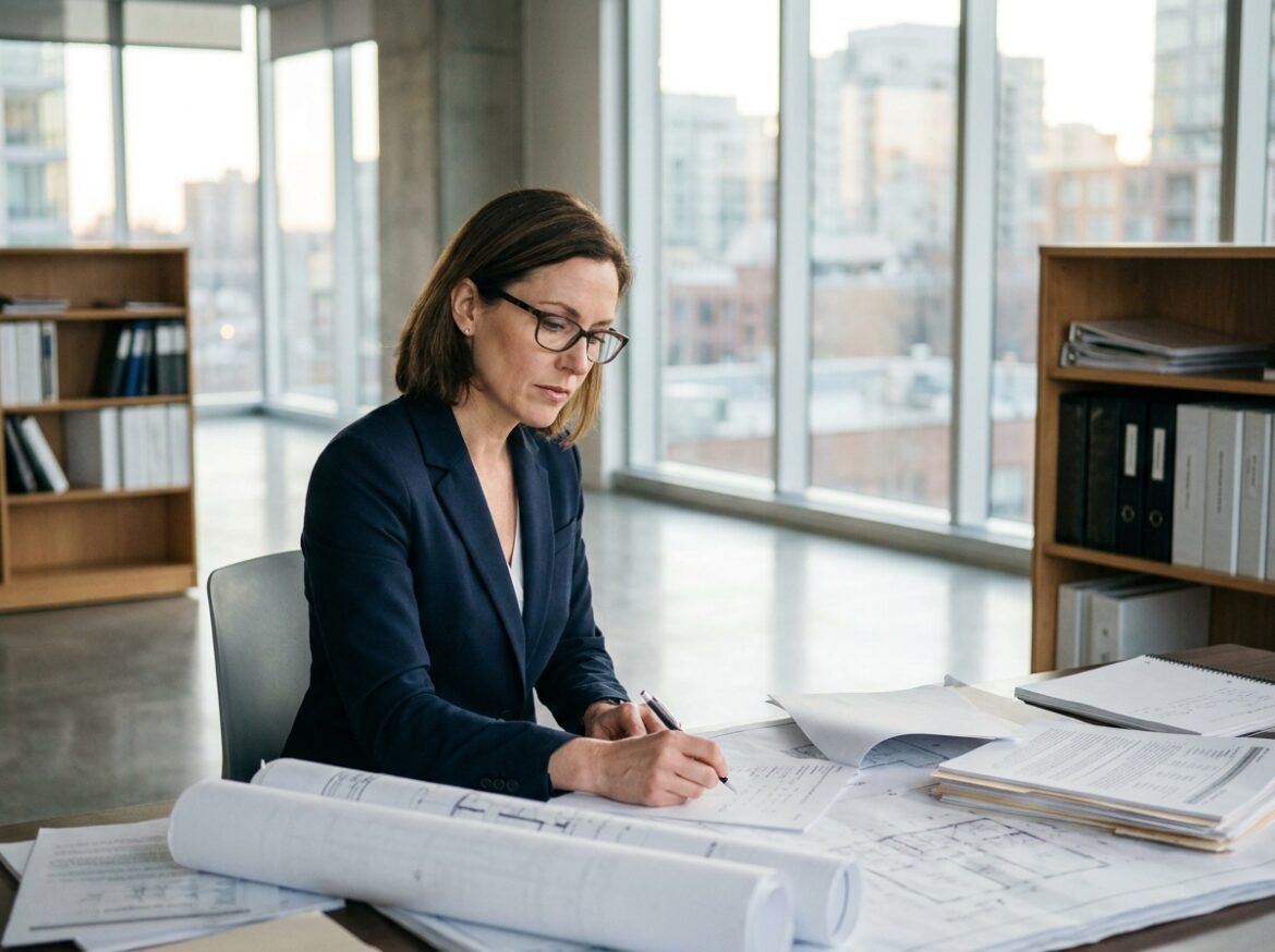 Experte immobilière analysant des plans et documents de propriété dans un bureau professionnel moderne pour préparer une expertise immobilière