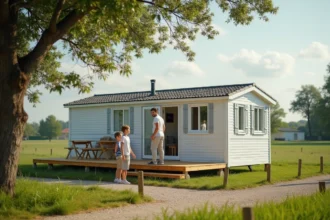 Famille visitant une parcelle de terrain avec mobil-home en Vendée entourée de verdure