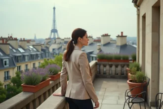 Femme élégante sur une grande terrasse parisienne avec vue sur les toits haussmanniens et la Tour Eiffel en arrière-plan