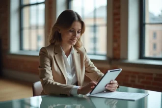 Femme d affaires en tailleur beige consulte des rapports immobiliers