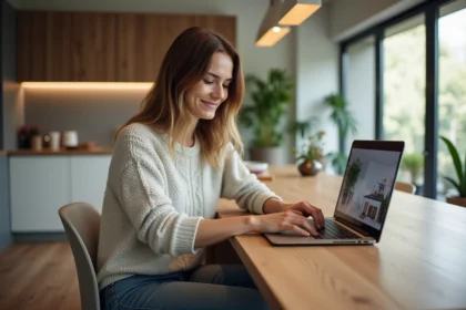 Jeune femme en smartcasual explore une visite virtuelle de maison