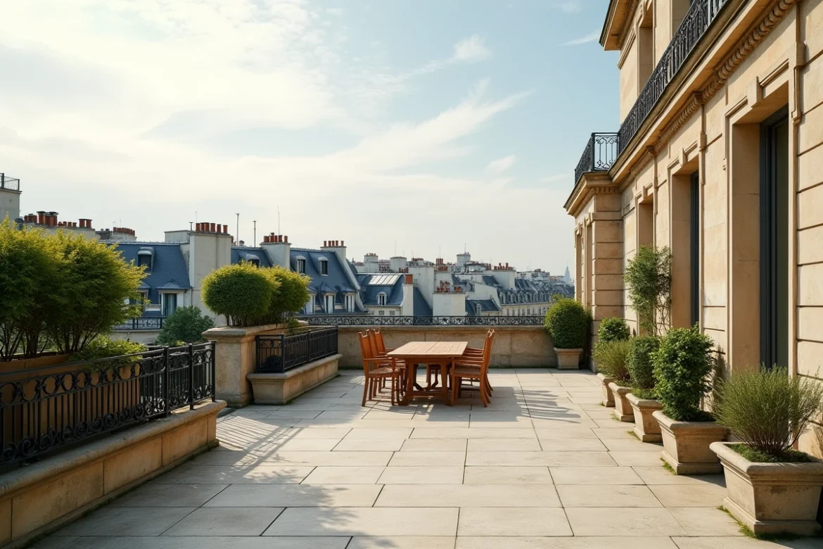 Grande terrasse vide d'un appartement parisien avec vue panoramique sur les toits de la capitale