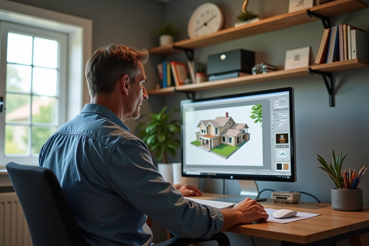 Homme d age moyen travaille sur un plan de maison dans un bureau