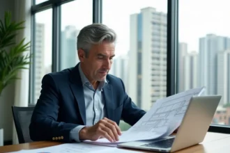 Investisseur immobilier analysant des données et plans de bâtiments pour évaluer l'IDR immobilier de ses prochains projets