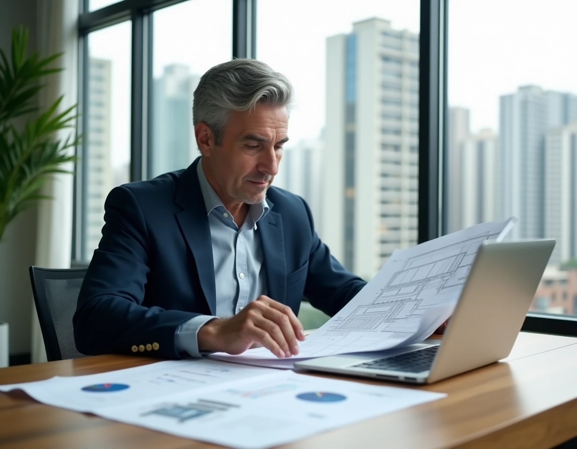 Investisseur immobilier analysant des données et plans de bâtiments pour évaluer l'IDR immobilier de ses prochains projets