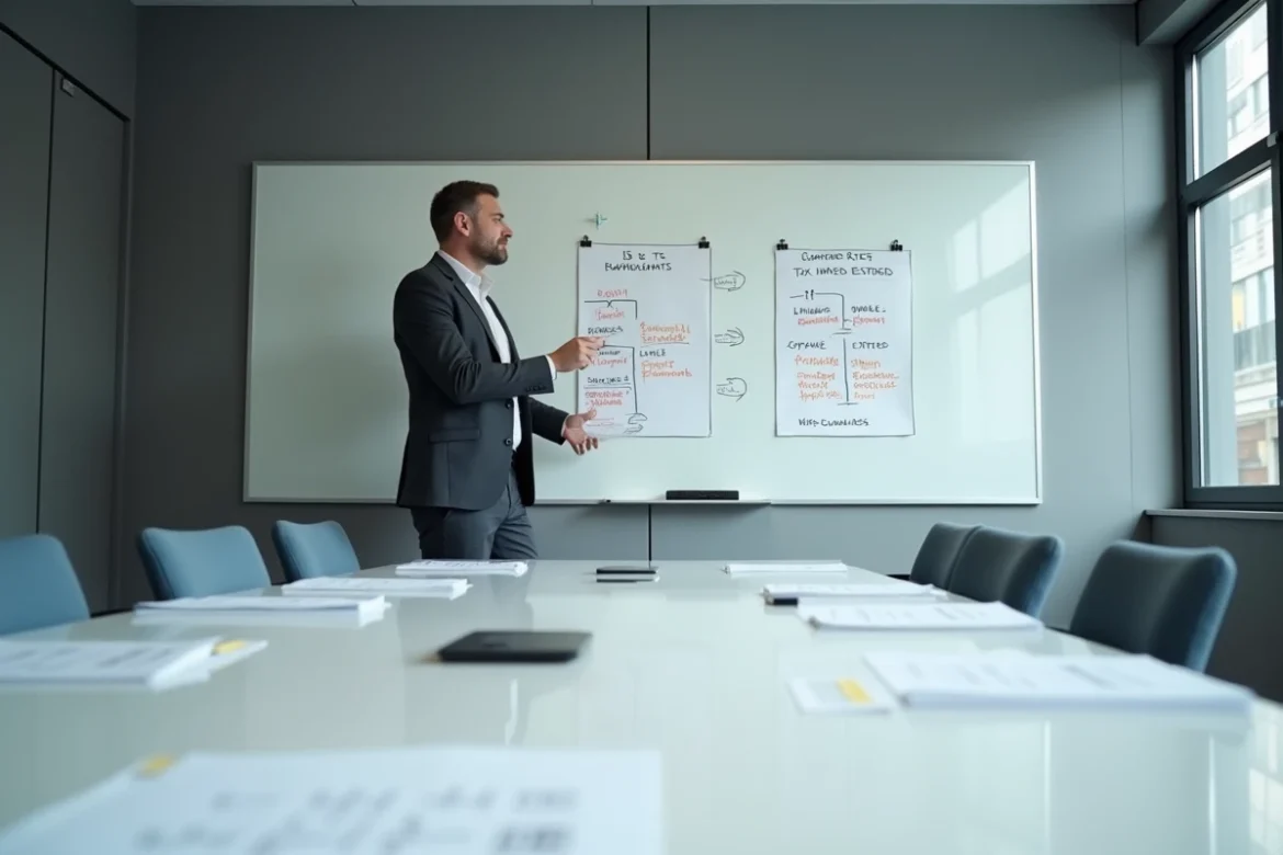 Un consultant fiscal présente sur un tableau blanc le plafonnement IFI et le choix du régime fiscal IS ou IR pour une SCI