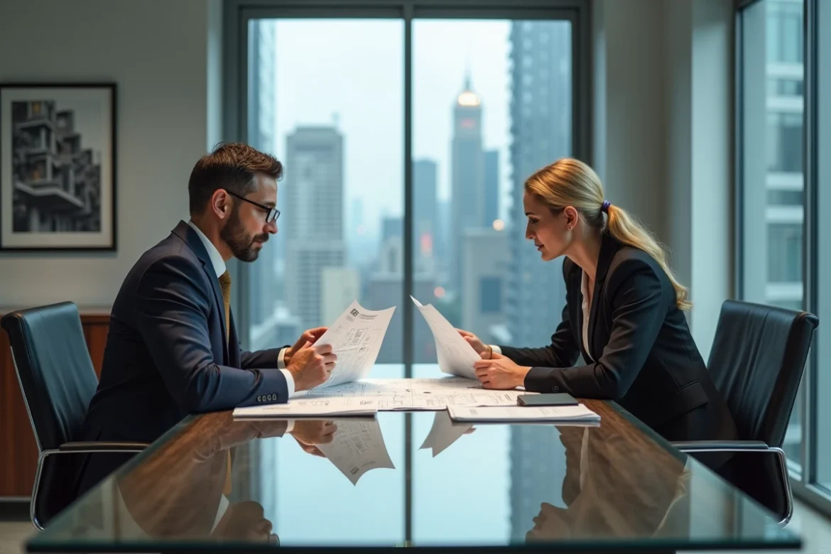Deux professionnels de l'immobilier de prestige analysant des documents d'estimation dans un bureau haut de gamme
