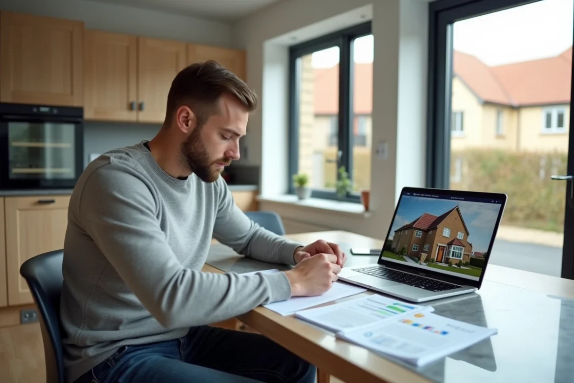 Homme consultant des documents immobiliers et un site de vente de logements neufs sur son ordinateur portable dans une maison neuve