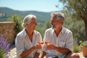 Couple de retraités profitant d'une terrasse en Provence entourée de lavande et d'oliviers