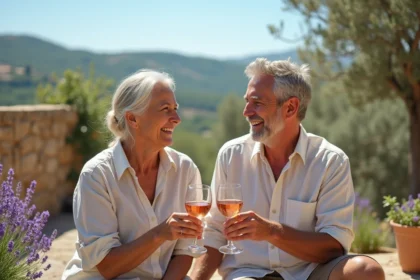 Couple de retraités profitant d'une terrasse en Provence entourée de lavande et d'oliviers