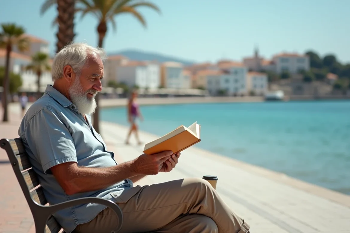 Retraité lisant sur un banc en bord de mer sur la côte méditerranéenne française