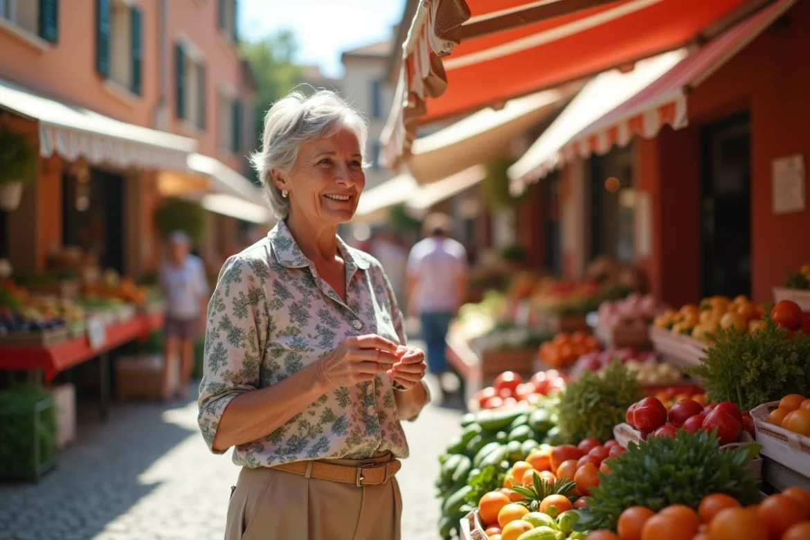 Femme retraitée faisant ses courses au marché provençal dans un village du sud de la France