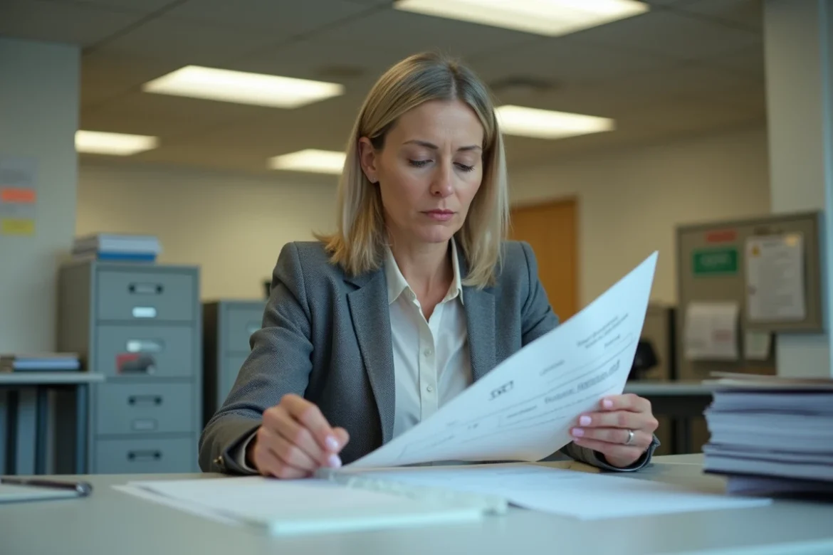 Une inspectrice fiscale examine un dossier de SCI au contenu insuffisant, illustrant le risque de requalification pour absence de gestion active