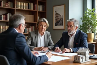 Un couple consulte un conseiller patrimonial dans un bureau de notaire pour optimiser leur SCI familiale face à l'IFI
