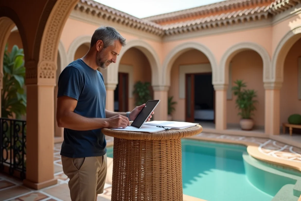 Homme en télétravail sur la terrasse d'une villa marocaine avec piscine intérieure à Essaouira
