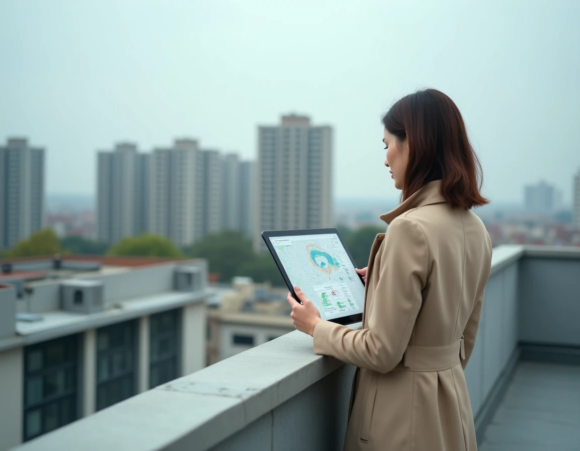 Urbaniste professionnelle consultant une carte numérique sur une terrasse pour évaluer le potentiel constructible d'un quartier