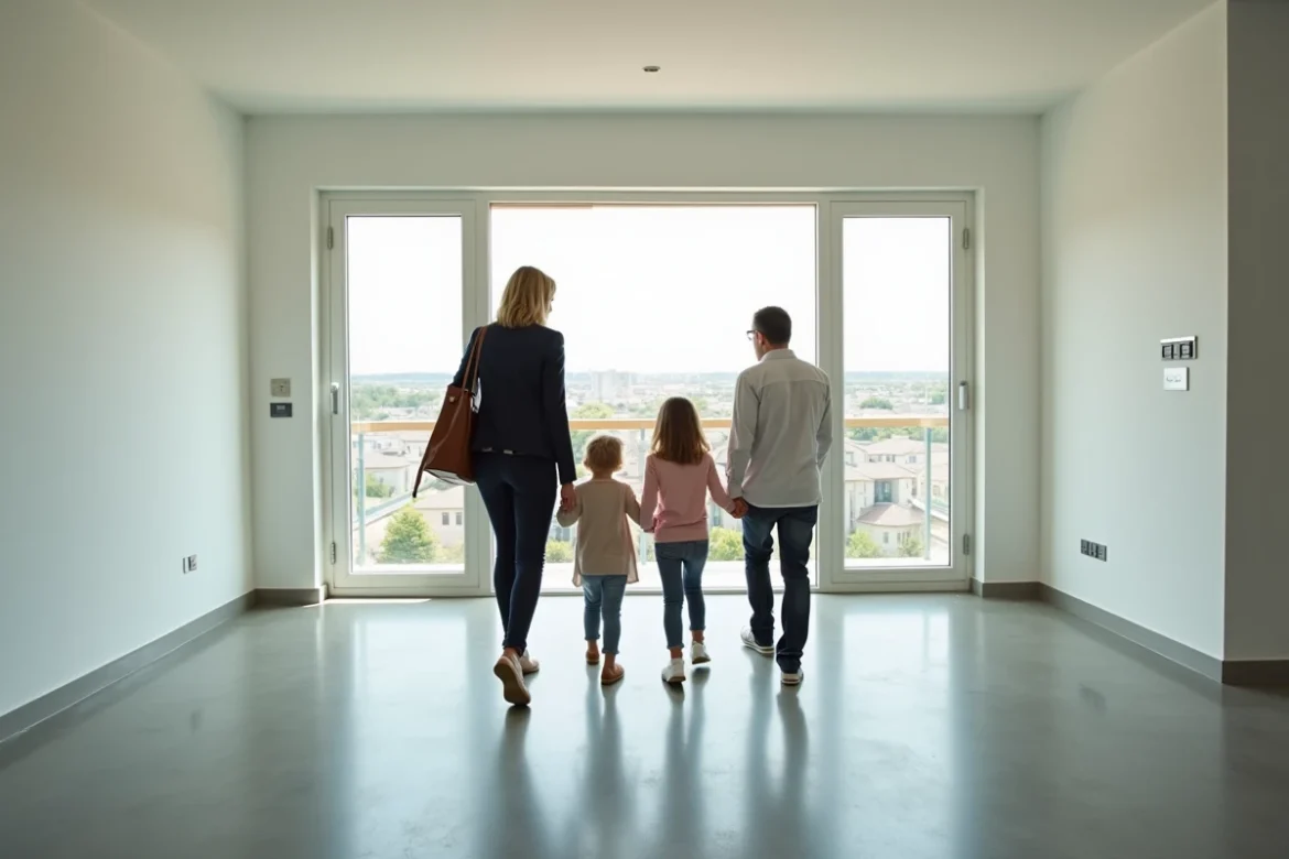 Agent immobilière faisant visiter un appartement neuf à une famille dans un programme immobilier moderne