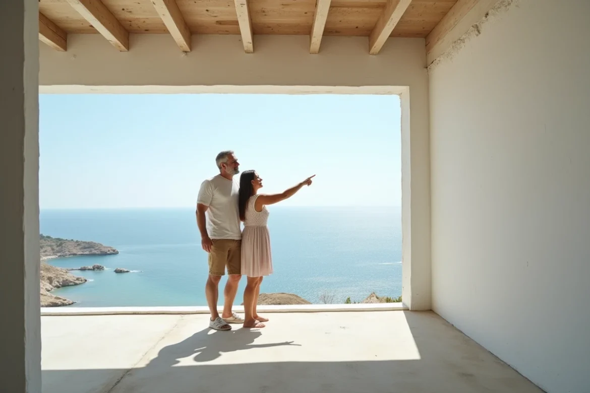 Couple visitant un appartement avec vue mer à vendre, intérieur à rénover avec grandes fenêtres panoramiques sur la côte méditerranéenne