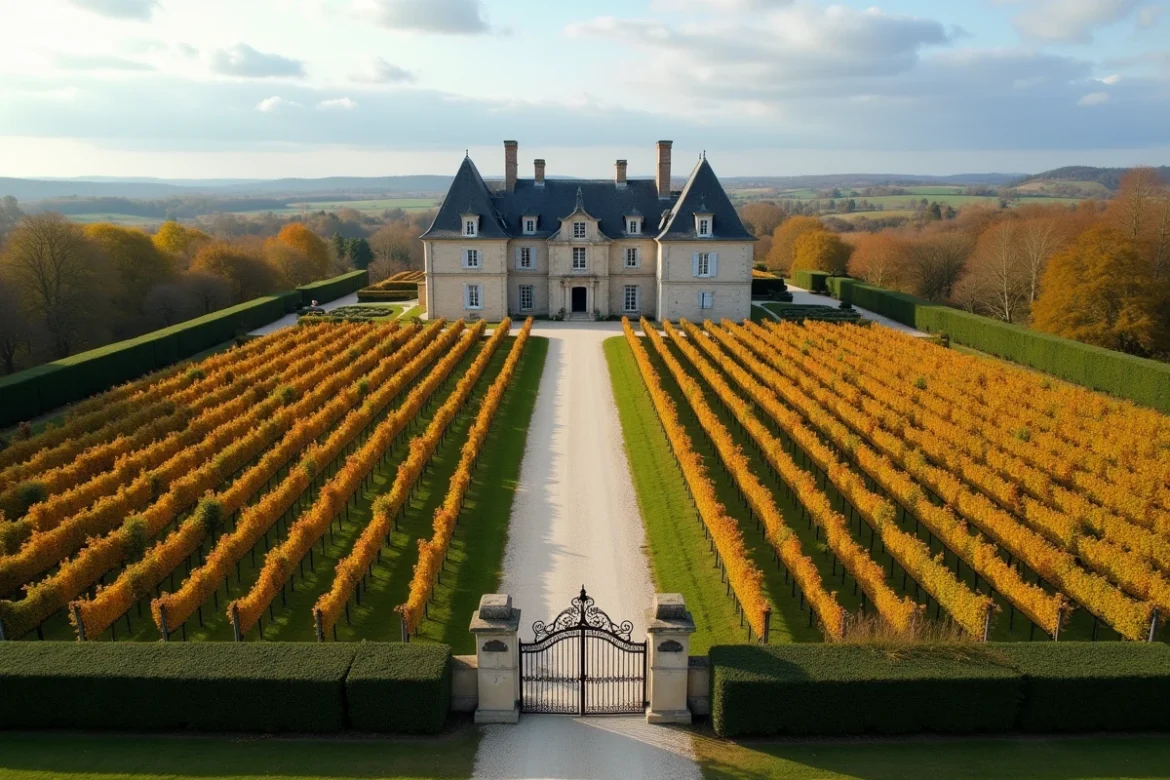 Vue aérienne d'un domaine viticole bordelais avec château et rangées de vignes en Médoc