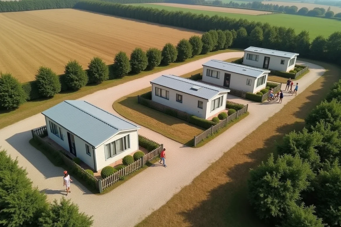 Vue d'ensemble de parcelles de terrain avec mobil-homes en Vendée dans un cadre bocager