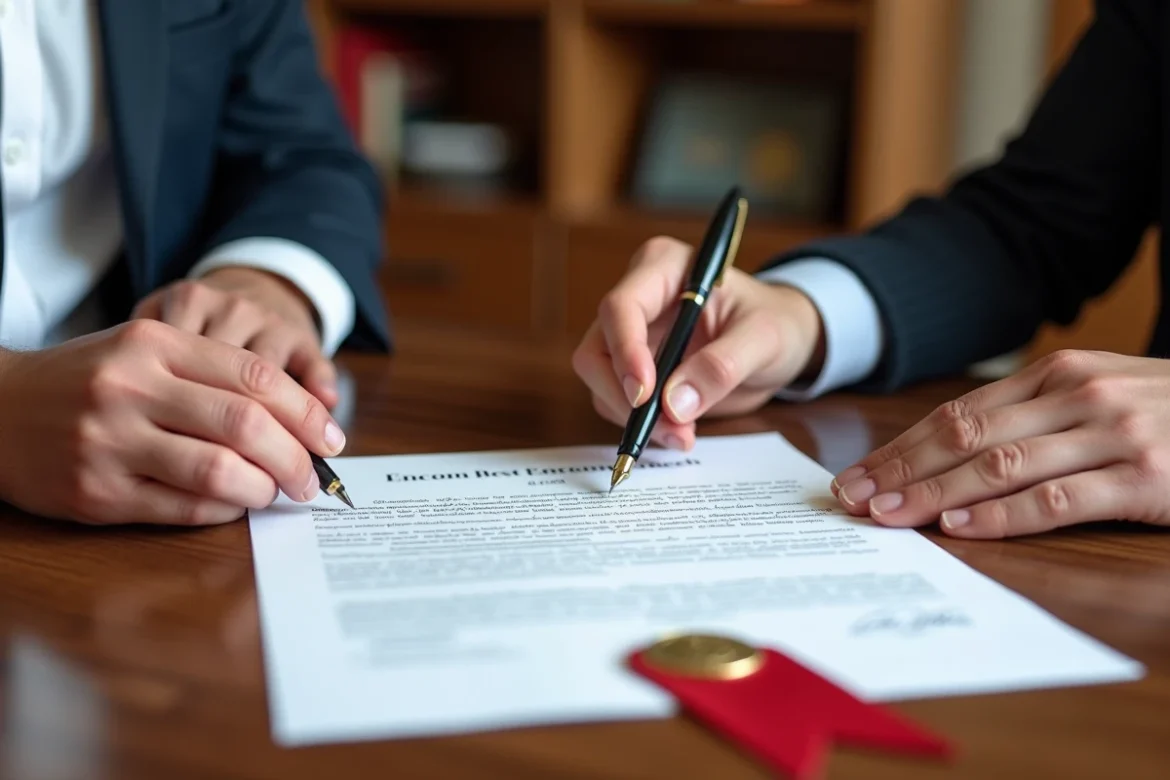 Gros plan sur un acte notarié avec cachet officiel et stylo plume lors d'une transaction immobilière chez un notaire à Limoges