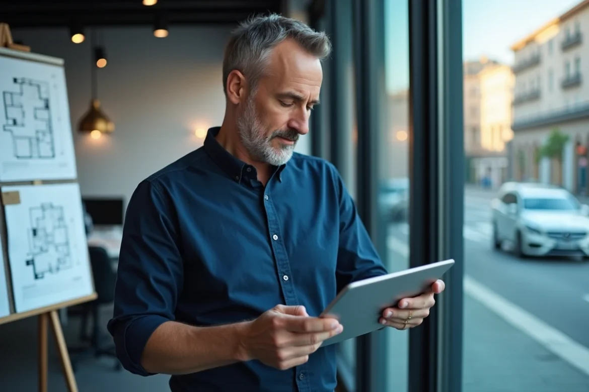 Agent immobilier consultant des avis Zelok sur une tablette dans une agence immobilière moderne