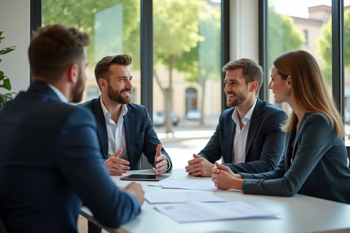 Agent immobilier et propriétaires signant un contrat de location dans une agence de l'Aude