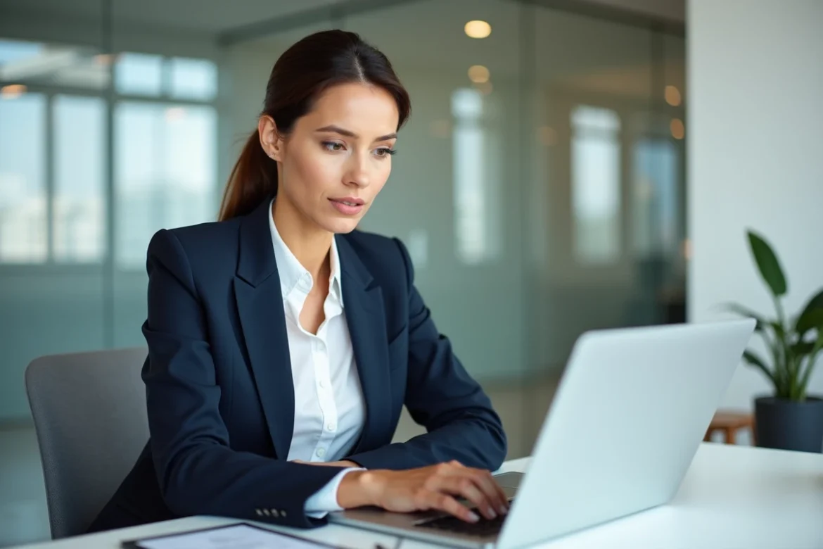 Agente immobilière professionnelle consultant des annonces sur ordinateur dans une agence moderne