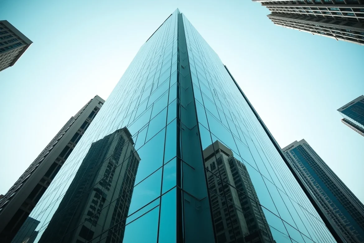 Façade extérieure de l'Almas Tower dans le quartier JLT de Dubaï, vue depuis la rue en contre-plongée