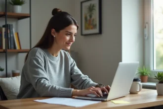 Femme analysant des avis clients Zelok sur un ordinateur portable dans un bureau à domicile moderne