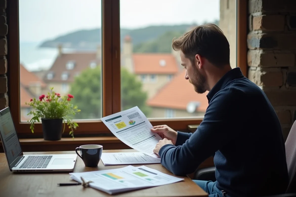 Homme analysant les prix du marché immobilier en Normandie pour préparer une négociation d'achat en bord de mer