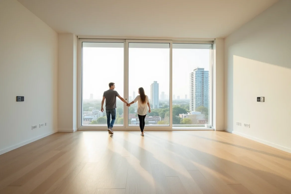 Couple visitant un appartement neuf livré dans le programme Convergence 94 à Alfortville avec vue panoramique sur la ville