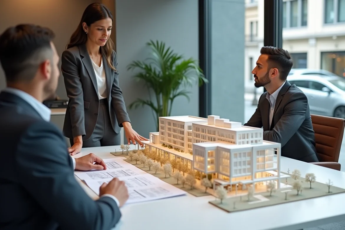 Conseillère immobilière présentant la maquette du programme Convergence 94 à des acheteurs potentiels dans un bureau de vente