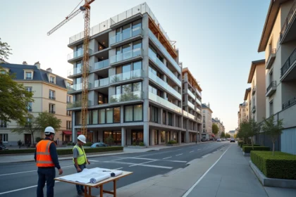 Chantier de construction d'un immeuble résidentiel moderne à Alfortville avec ouvriers et plans architecturaux au premier plan