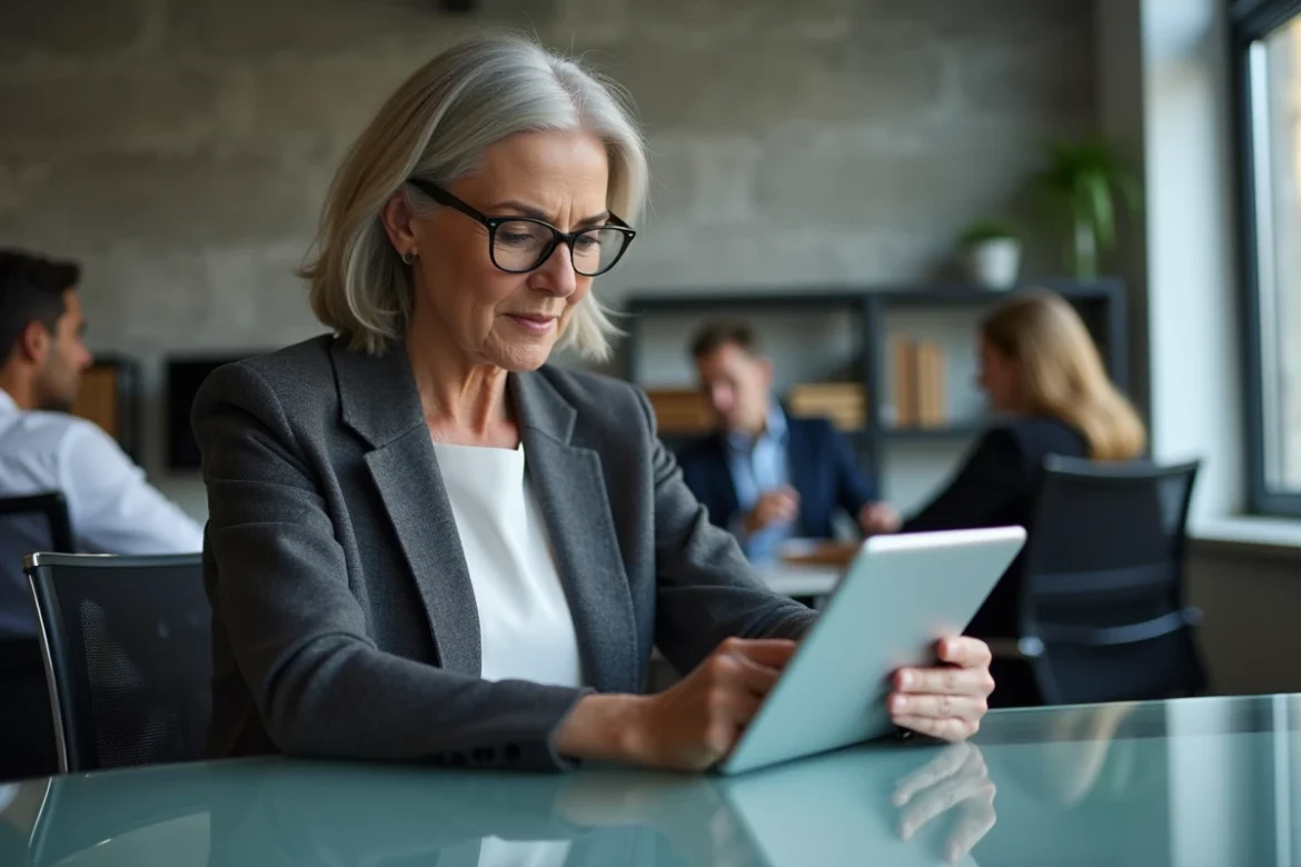 Femme en agence immobilière configurant les alertes de notifications sur l'application MyNexity via une tablette