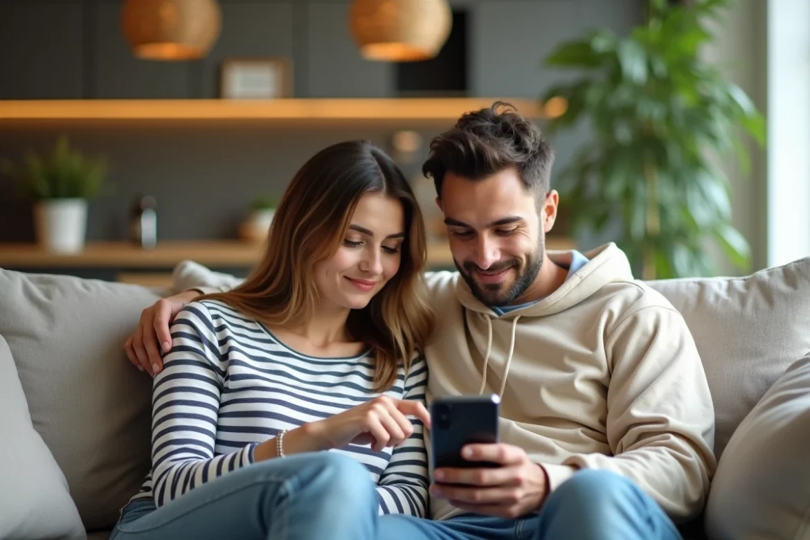 Couple de locataires consultant les avis Zelok sur un smartphone dans leur appartement