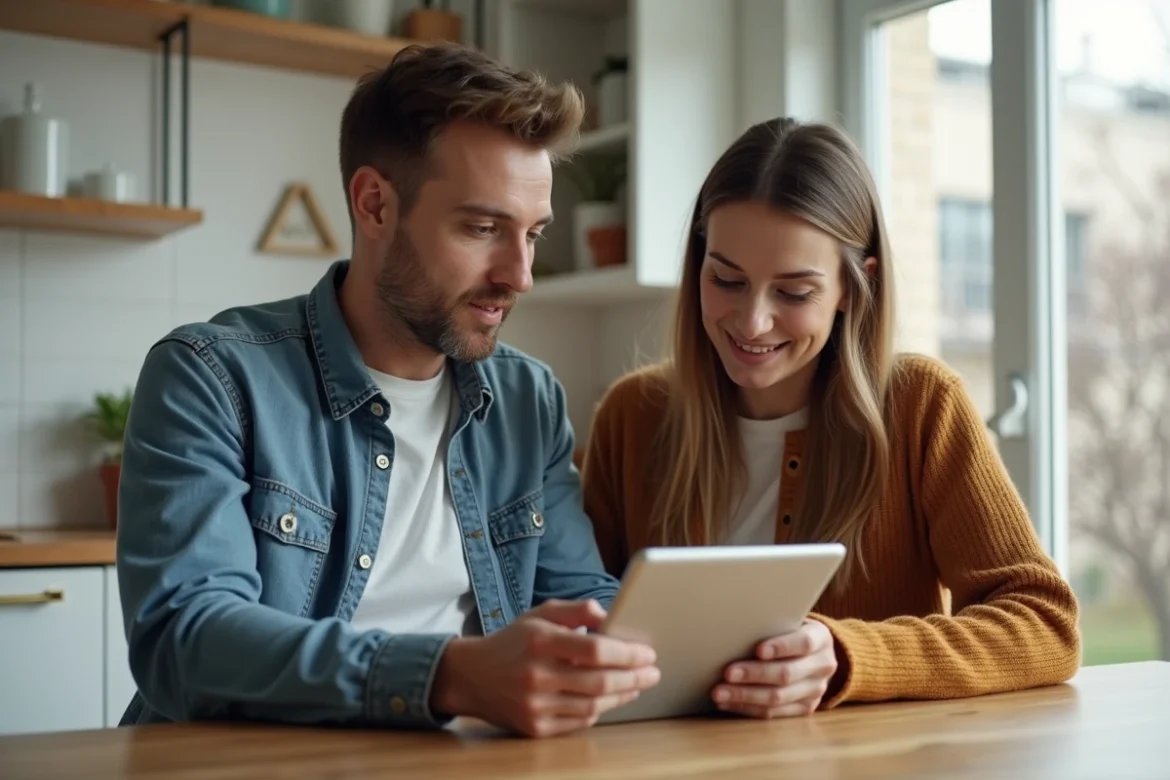 Couple consultant un site immobilier en ligne sur tablette dans un appartement moderne