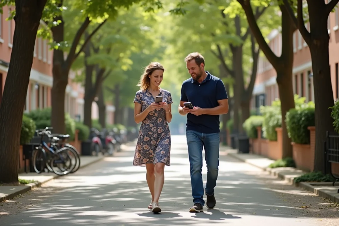 Couple consultant une application immobilière en se promenant dans le quartier Lespinet à Toulouse