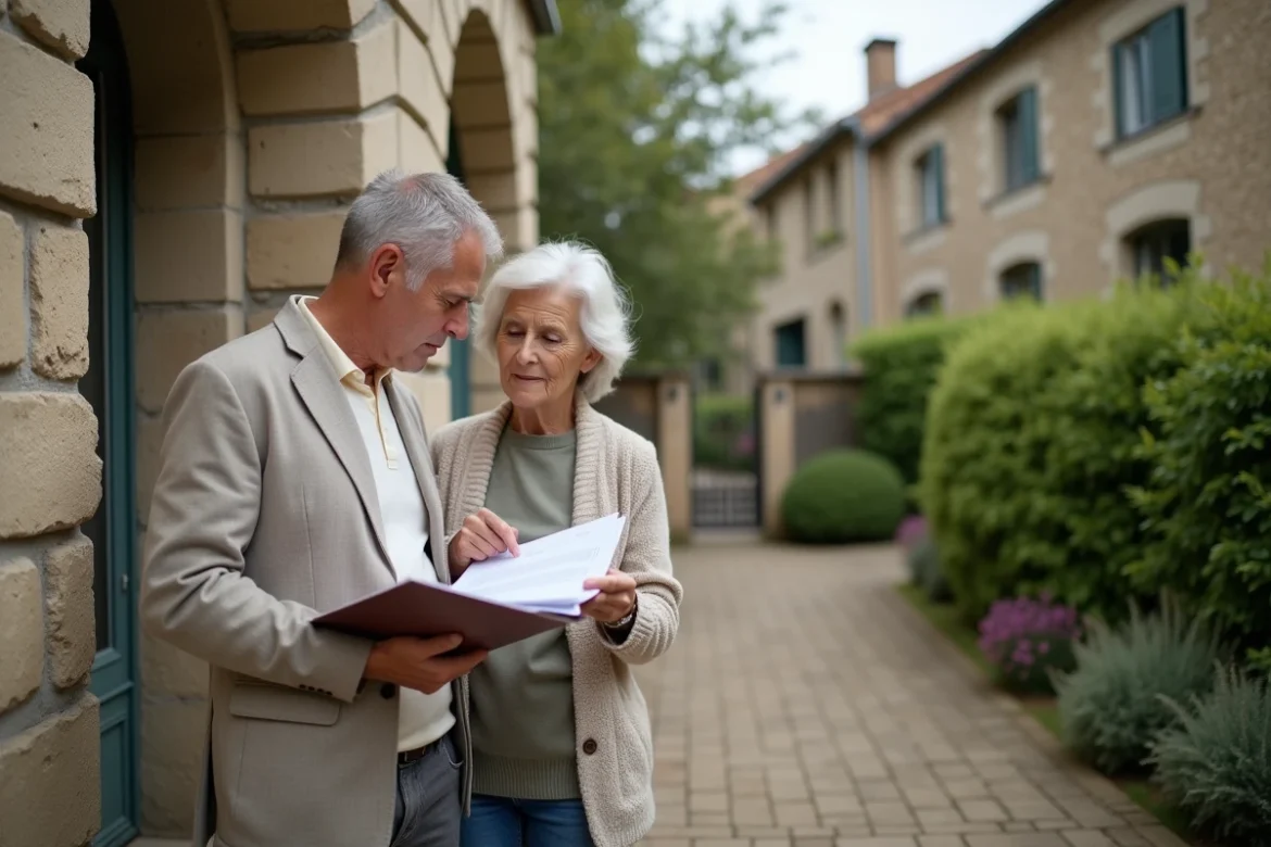 Un couple examine des documents de vente en viager devant une maison en pierre en France