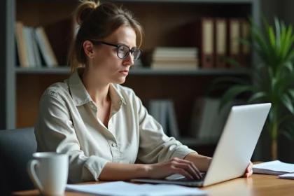 Femme remplissant une demande de logement social en ligne sur un ordinateur portable