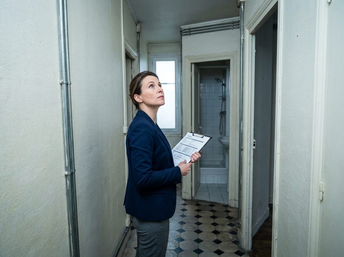Diagnostiqueur immobilier femme dans un couloir étroit d'appartement parisien consultant un rapport de diagnostic
