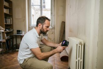 Diagnostiqueur immobilier inspectant un radiateur dans un petit studio parisien lors d'un diagnostic immobilier en Île-de-France