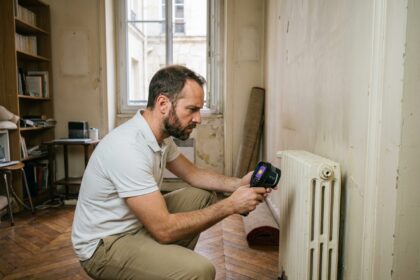 Diagnostiqueur immobilier inspectant un radiateur dans un petit studio parisien lors d'un diagnostic immobilier en Île-de-France