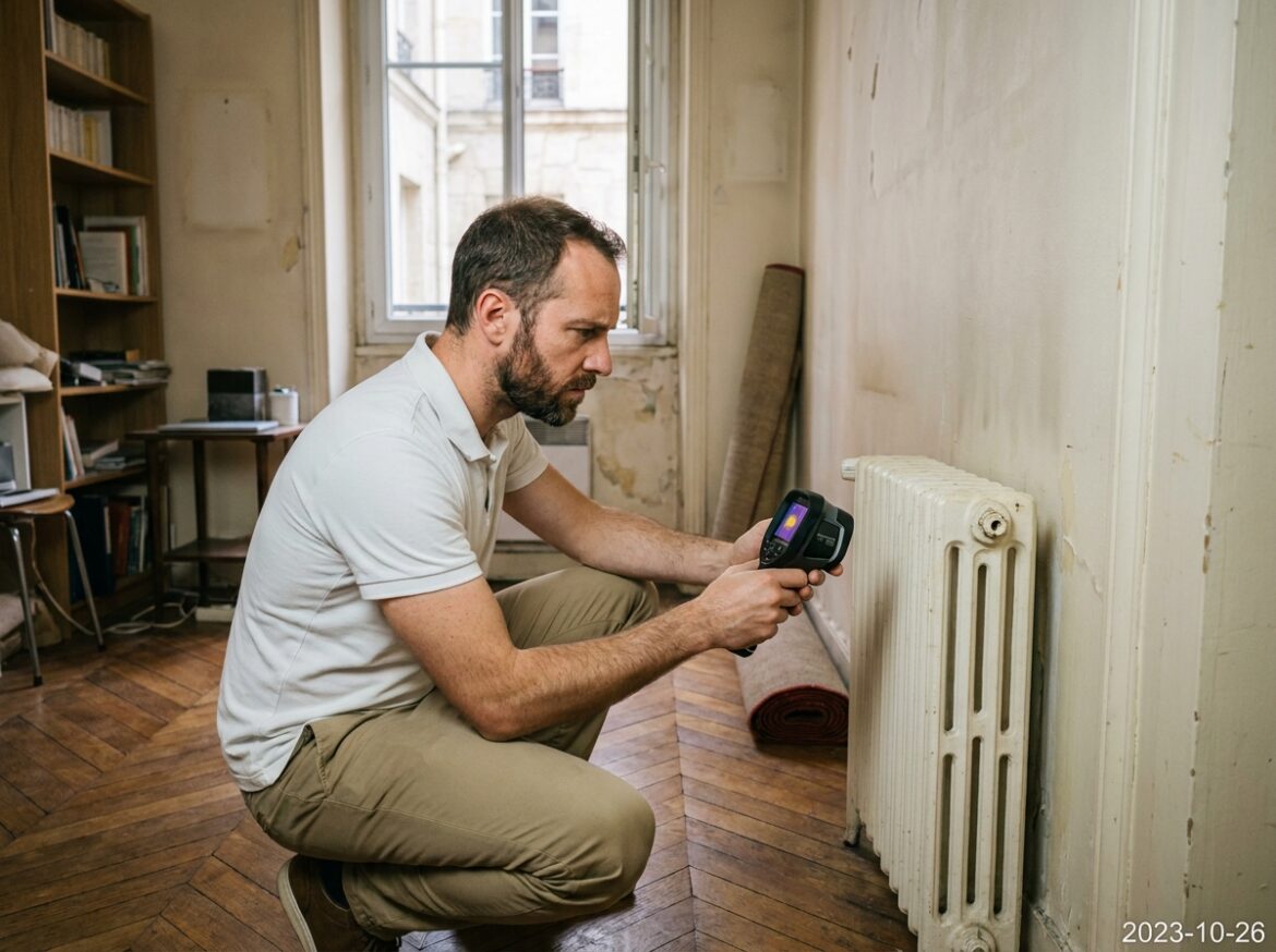 Diagnostiqueur immobilier inspectant un radiateur dans un petit studio parisien lors d'un diagnostic immobilier en Île-de-France