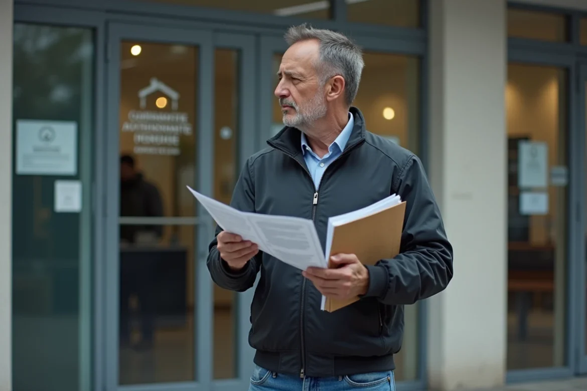 Homme tenant des documents devant un office HLM pour une demande de relogement