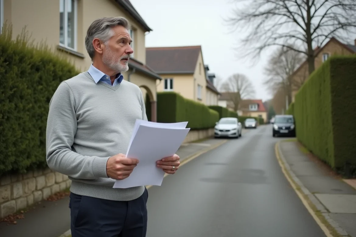 Homme évaluant une propriété résidentielle avec des documents immobiliers dans un quartier pavillonnaire