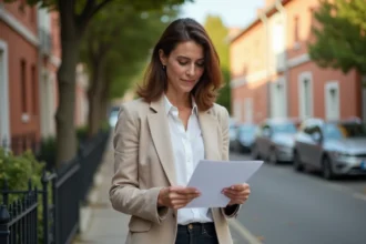 Femme consultant une annonce immobilière dans le quartier Montaudran-Lespinet à Toulouse