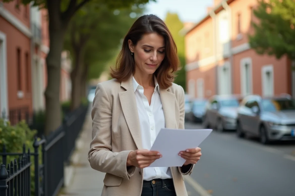 Femme consultant une annonce immobilière dans le quartier Montaudran-Lespinet à Toulouse